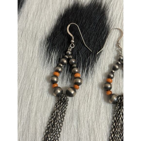 Native American Sterling Silver Navajo Pearl Orange Spiny Chandelier Earrings 4” - Picture 4 of 10